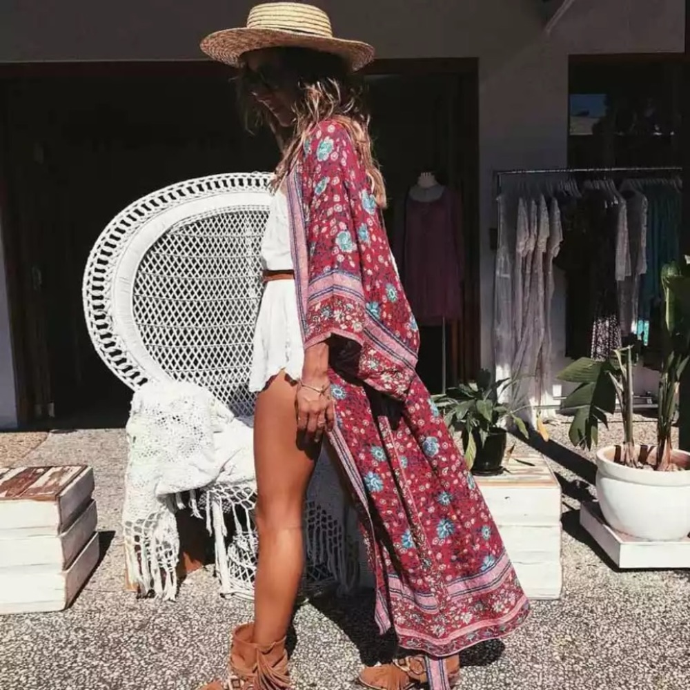 SOLD OUT Red Floral Boho Gypsy Kimono Duster Robe - Picture 2 of 8